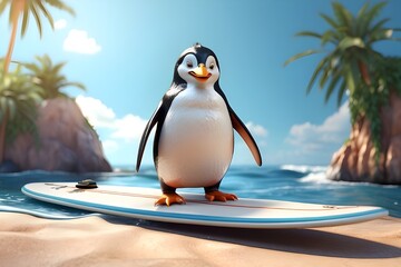 3d render of a penguin on a surfboard. Generative AI