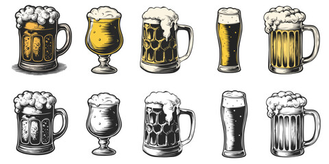 Set of beer glasses. Vintage vector engraving illustration for web, poster, happy hour menu, special offer, invitation to party. Hand drawn colorful and monochrome design element isolated on white