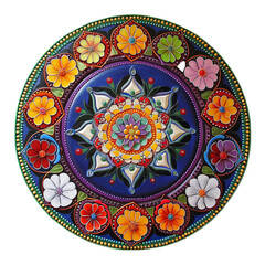 Traditional Folk Art Mandala with Colorful Floral Patterns and Blue Background