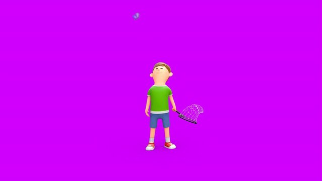 3D Rendered Animated Scene Of Cartoon Boy Holding Net And Trying To Catch A Butterfly Chasing In Green Background.
