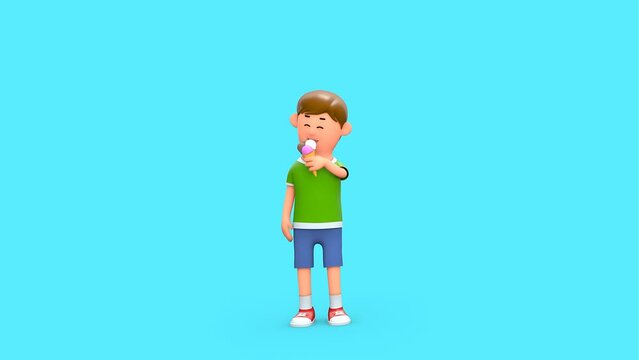 3D Rendered Animated Scene Of Cartoon Boy Kid Eating Cone Ice Cream Licking Standing In Green Background.