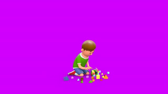 3D Rendered Animated Scene Of Cartoon Boy Kid Playing With Different Kinds Of Geometric Toy And Lego In Green Background.