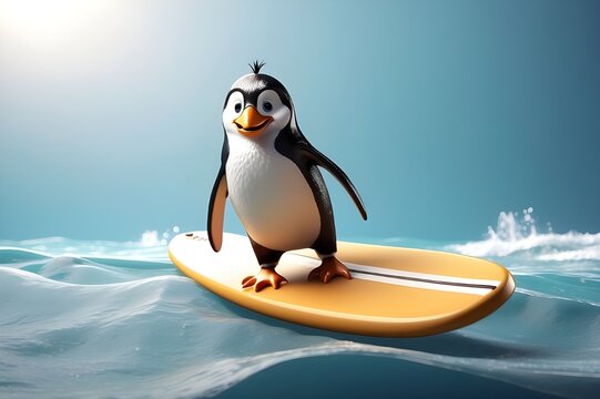 3d render of a penguin on a surfboard. Generative AI