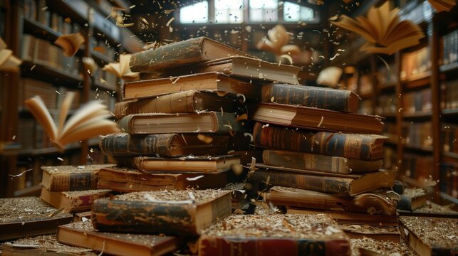 Stacks Of Old Books And Pages Floating On The Background In The Library Ancient Books, Historical Background, Educational Topics