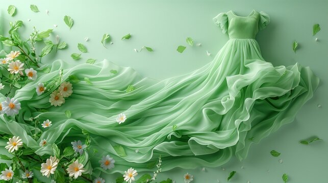 A green pastel evening gown with flowers and petals floating around. The concept smells good. from fabric softener