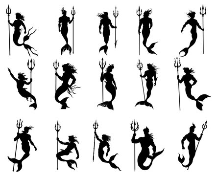 set of silhouettes of neptune god. vector illustration of merman holding trident. isolated background.