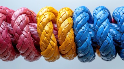 Colorful ropes tied together, linked together concept, teamwork, unity