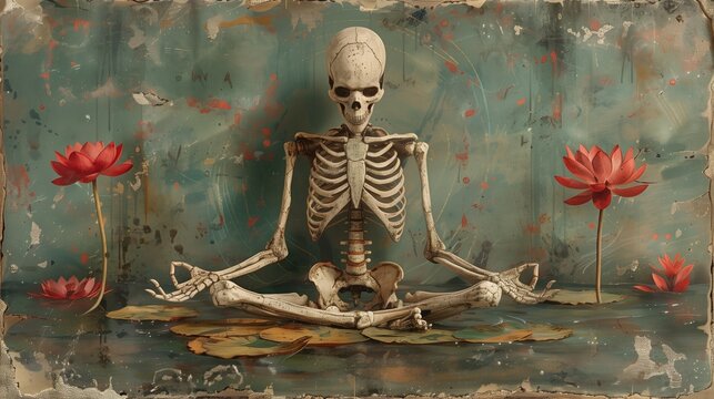 Human skeleton, sitting cross-legged, meditating on a lotus. meditation concept and still and calm on the abstract background