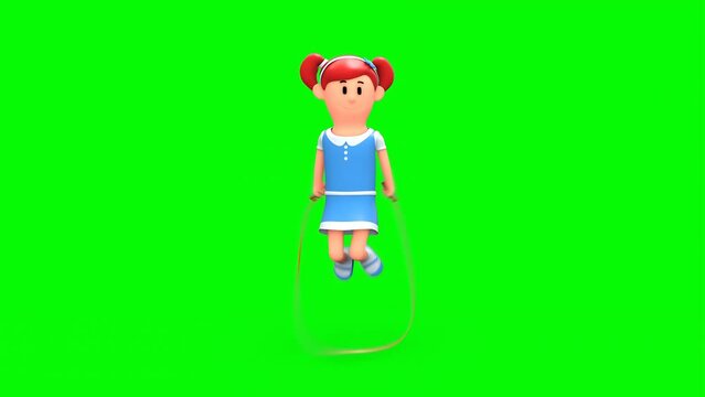3D Rendered Animated Scene Of Cartoon Little Girl Jumping Rope Happily In Green Background.