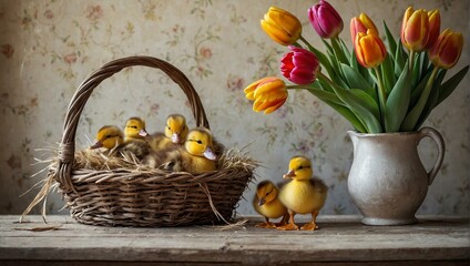 Fototapeta na wymiar A group of fluffy ducklings huddle together in a straw basket with a rustic jug nearby, embodying warmth and family bonds