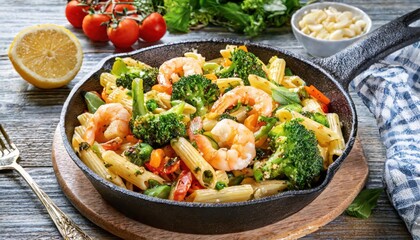 Pasta penne primavera shrimp broccoli and vegetables in skillet
