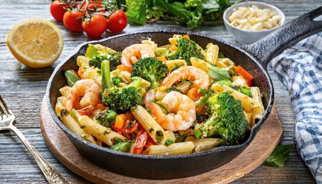 Pasta penne primavera shrimp broccoli and vegetables in skillet