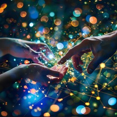 Intertwined fingers symbolize the bridge between human connection and the flow of digital information, all bathed in the glow of a vibrant, festive scene.