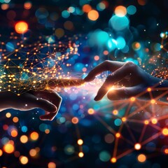 Intertwined fingers symbolize the bridge between human connection and the flow of digital information, all bathed in the glow of a vibrant, festive scene.