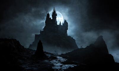 The knight standing in front of the abandoned castle in the dark night.	 - obrazy, fototapety, plakaty