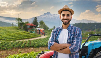 Portrait of a handsome young farmer standing in a shirt and smiling at the camera, on a tractor and nature background. Concept: bio ecology, clean environment, beautiful and healthy people, farmers