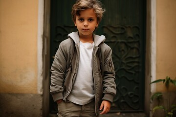 Fototapeta na wymiar Outdoor portrait of a cute little boy in a coat and hoodie