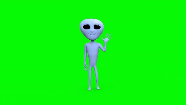 3D Rendered Animated Scene Of Cartoon Blue Alien With Big Eyes Looks Around And Waving At Camera Standing In Green Background.