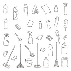 Set of cleaning equipment. Cleaning line icons. Line of hand-drawn equipment, cleaning supplies and tools for washing and disinfecting the house, bucket and mop, detergent sprayer. Vector 