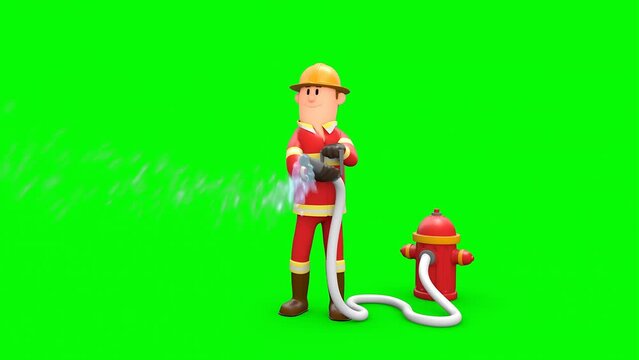 3D Rendered Animated Scene Of Cartoon Firefighter Putting Out Fire With Water Hose Connected To Fire Hydrant In Green Background.