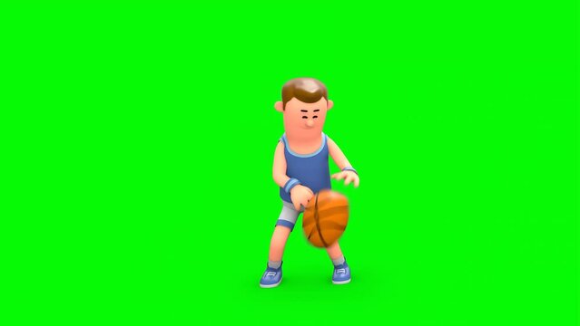 3D Rendered Animated Scene Of Cartoon Man Playing Basketball Ball Bouncing It Showing Off Skills In Green Background.