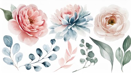Water color floral illustration set. DIY blush pink blue flower, green leaves individual elements collection - for bouquets, wreaths, wedding invitations, anniversary, birthday, postcards, greetings.