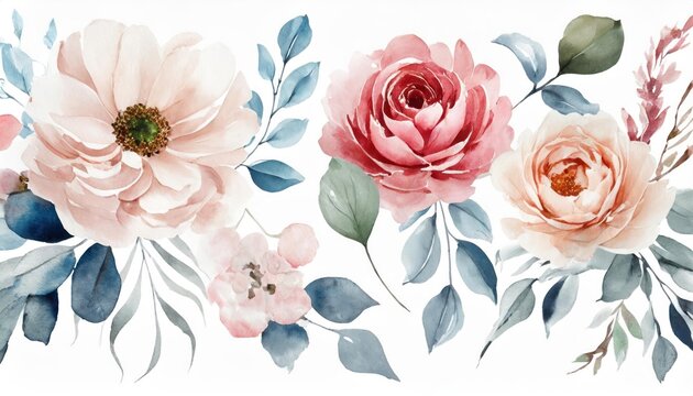 Water color floral illustration set. DIY blush pink blue flower, green leaves individual elements collection - for bouquets, wreaths, wedding invitations, anniversary, birthday, postcards, greetings.
