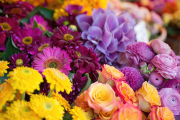 Obraz na płótnie Canvas Close-up of fresh and colorful flowers at a bustling flower market