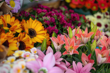 Close-up of fresh and colorful flowers at a bustling flower market