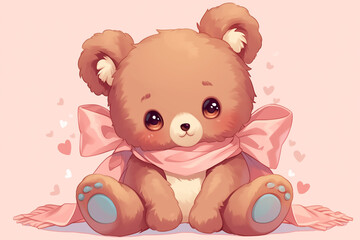 Illustration of a cute teddy bear with a pink bow with pink background