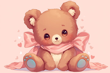 Fototapeta premium Illustration of a cute teddy bear with a pink bow with pink background