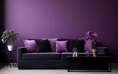 purple wall of living room with black sofa interior background. generative ai