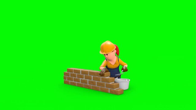 3D Rendered Animated Scene Of Cartoon Bricklayer Woman Building Bricks Wall With Concrete In Green Background.