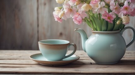 Obraz na płótnie Canvas A soft blue teapot and matching cup alongside vibrant pink tulips on a wooden surface