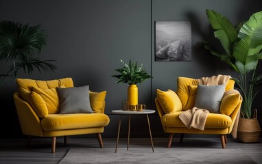 Living room with yellow fabric sofa, yellow armchairs, lamp and green plants in vases with gray walls. generative ai
