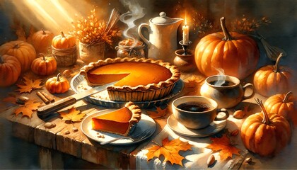 Watercolor painting style cozy and warm experience of eating pumpkin pie in autumn