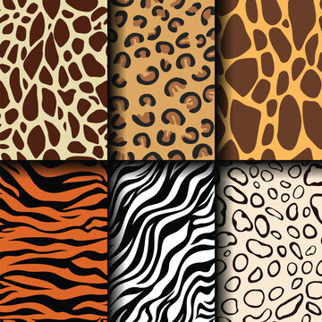 Set of Wild safari animal skin seamless pattern collection, leopard, cheetah, tiger, giraffe, zebra, snake skin texture for fashion print design, fabric, textile, wrapping paper, background, wallpaper