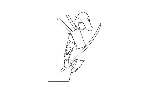 Animated self drawing of a ninja video illustration. A ninja illustration simple linear style concept video. Japanese ninja design video with holding the sword design vector for your business asset.