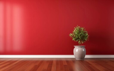 red wall interior with plant vase on wooden floor. generative ai