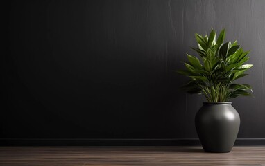 black wall interior with plant vase on wooden floor. generative ai