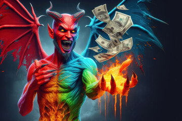 A devil with an evil face holds a large amount of banknotes in his hand and holds them out forward.