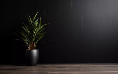black wall interior with plant vase on wooden floor. generative ai - Powered by Adobe