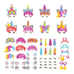 Set of Unicorn creation kit of cute cartoon unicorn character illustration. Create your own unicorn face, childish magical elements, Set of girly stickers. Horn, flowers, eyes, flower, crown, ears.