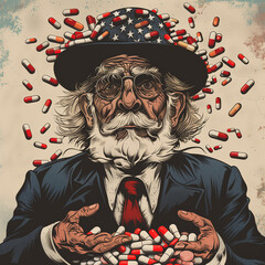 illustration of uncle sam with pills - obrazy, fototapety, plakaty