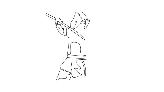 Animated self drawing of a ninja video illustration. A ninja illustration simple linear style concept video. Japanese ninja design video with holding the sword design vector for your business asset.