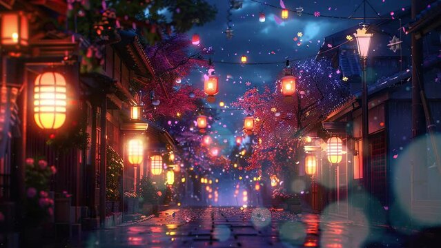 Dreamy Anime Streetscape: Playful Cartoonish Street Lamps Light the Way