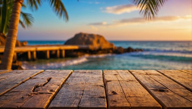 Serene tropical scene with palm tree and island silhouette against a sunset sky from a weathered wooden dock