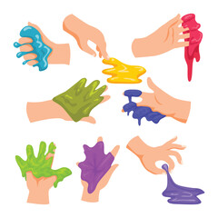 Set of Hand holding slime. Homemade kids toy mucus between fingers hands, Liquid slime. Handy glue games squeeze colored toys in hands, ticky slimy colorful funny glue, childish rainbow squeeze snail.
