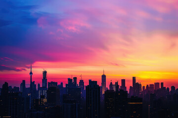 Fototapeta na wymiar Vibrant city skyline against a colorful sunset sky