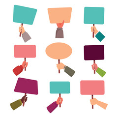 Set of hands holding blank placard collection, activist people hands holding blank sign, empty protest message posters. Demonstration and political announcement concept.  Vector illustration